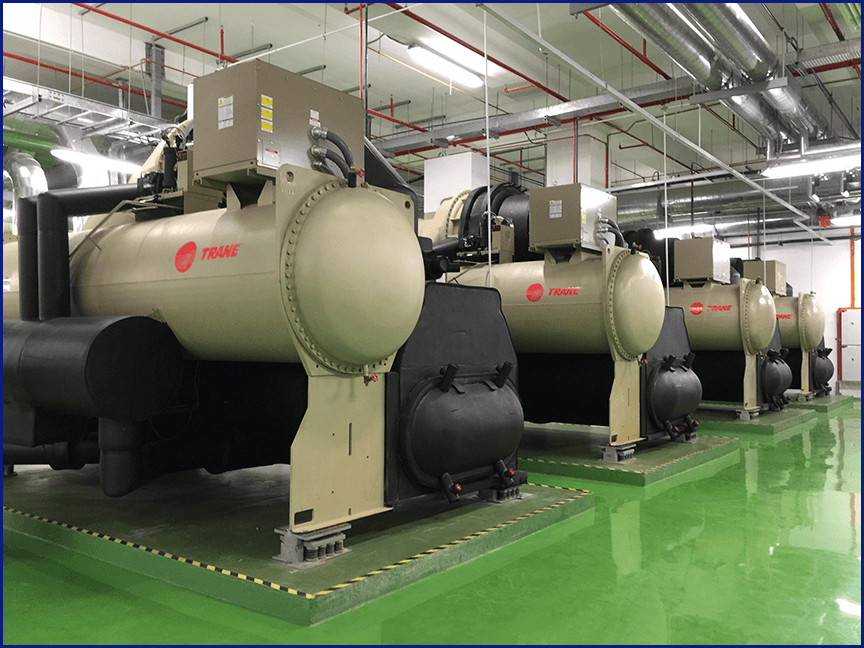 Packaged chillers, pumps, insulated pipework, valves, and plantroom equipment.